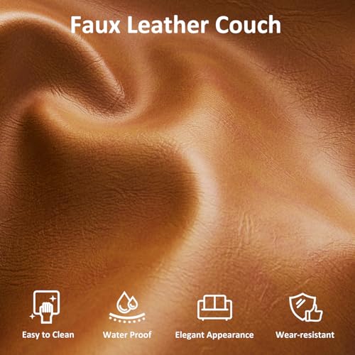 Image of Kingfun 2 Piece Faux Leather Sofa Set, Mid Century Modern Living Room Furniture Set with 3-Seater Sofa and Loveseat, Small Leather Couch with Solid Wood Frame for Bedroom and Office, Mid Brown