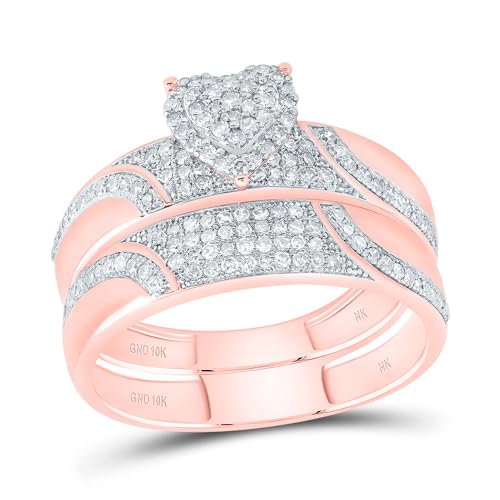 Jewels By Lux 10kt Rose Gold His & Hers 1/2 Cttw Natural Diamond Heart Bridal Wedding Ring Band Set, Women Size: 5-9, Men Size: 8-122