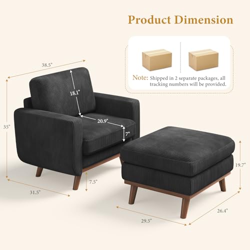 Image of Vesgantti 38.5 inch Accent Chair with Movable Ottoman, Comfy Corduroy Armchair with Spring Cushion, Reading Chair with Ottoman, Modern Single Sofa for Living Room, Bedroom and Apartment, Black