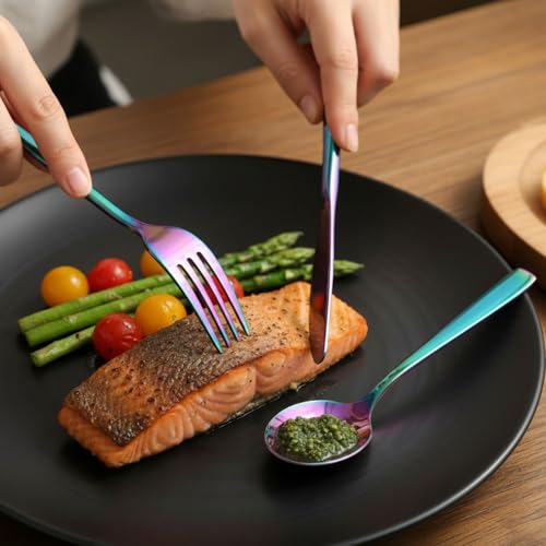 Image of Mirror Polished Rainbow 20 Pcs Stainless Steel Cutlery Set for Dining Table, Dishwasher Safe Glossy Flatware (5 Spoon Set + 5 Forks Set + 5 Butter Knife + 5 Dessert Spoon)