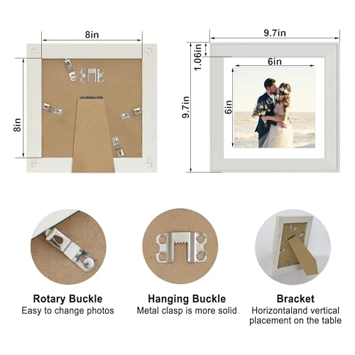 Image of iRahmen 8x8 Vintage Picture Frame with Mat 6x6 - High Definition Real Glass Wooden Photo Frames for Tabletop Display and Wall Mounting (Cream, Set of 4)