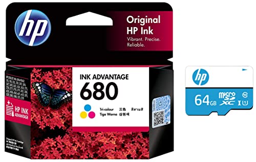 Image of HP 680 Tri-Color Original Ink Advantage Cartridge & 64GB Class 10 MicroSD Memory Card (HP-MSDCWAU1-64GB)