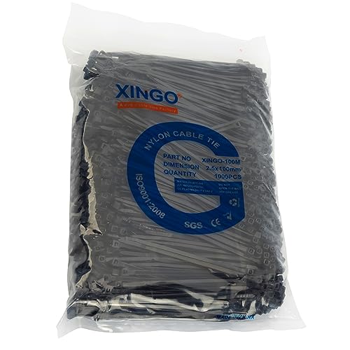 XINGO 1000 pièces Colliers de Serrage professionnelles, Noir-100mm x 2.5mm, Autobloquant, Attache Câble Résistant aux UV, Idéale pour l'intérieur et...