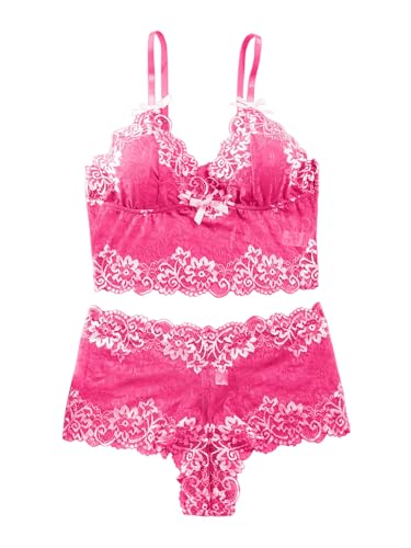 Image of Lilosy Sexy Lingerie for Women Lace Pajamas Set Cami Bra and Panty High Waist Sheer Sleepwear 2 Piece 2XS-6XL