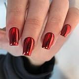 KQueenest Square Medium 24 PCS Press-on Nails, Metallic Red Acrylic False Nails Set, Short Coffin Nails Glue On with Mirror Metal Plating, Comfortable Fit for Women & Girls