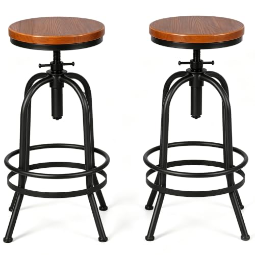 Butaco industrial vintage de bar de 32 pulgadas - Butaco giratorio de metal y madera - Butaco retro de altura de bar - Butacos de cocina ajustables en altura - Juego de 2 - Altura extra alta de pub (26-32 pulgadas), totalmente soldado (negro, 2 unidades)