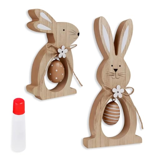 Reccisokz Décorations de Pâques en bois, lot de deux figurines de lapins de Pâques, décoration de table festive, colle liquide 50 ml incluse.