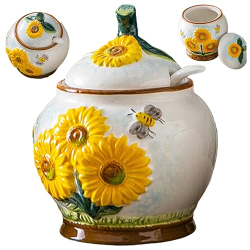 Muzrunq Contenitore per zucchero Zuccheriera con girasole e ape in rilievo con coperchio e cucchiaio Ciotola in ceramica 4x4, 7 per bar da bancone da cucina