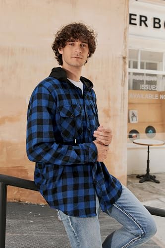 Image of Cromoncent Men Flannel Hoodie Plaid Button Down Jacket Long Sleeve Shirts
