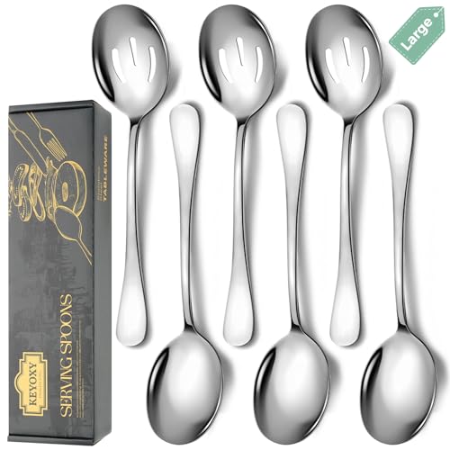 KEYOXY 6-Piece Stainless Steel Serving Utensil Set - Features 3 Large Spoons, 3 Large Slotted Spoons - Ideal for Gatherings/Buffet - Dishwasher Safe - 8.5-Inch
