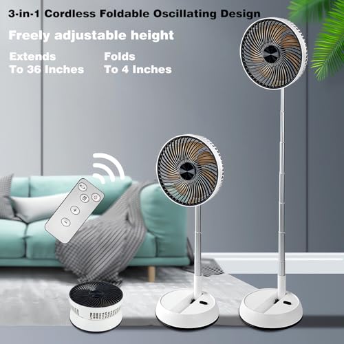 Foldable Rechargeable Oscillating Fan 8" 7200mAh Battery Operated Small Fan Remote, Quiet Table Standing Pedestal Fans for Bedroom Office Camping Travel (White body and black front grille) - Image 3