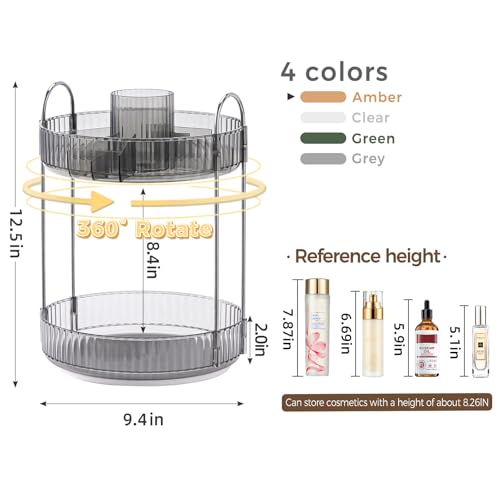 Image of 360 Rotating Makeup Organizer, Upgraded 2 Tier Skincare Perfume Organizers for Women, Bathroom Organizer Countertop, Clear Cosmetic Dresser Organizer with Makeup Brush Holder, Sink&Counter(Grey)