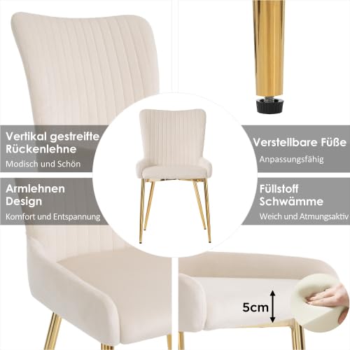 vutizal Chaise Salle à Manger, Chaises Salle Manger Lot de 6, Chaise Beige en Samt, Pieds Métalliques Dorés, Confort Lounge avec Support Lombaire, Solide 150kg, Facile à Monter pour Salon Cuisine