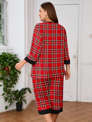 AusLook Women's Plus size Pajama Sets 3/4 Sleeve Top and Capri Pants Sleepwear Pj Set 2 Piece Lounge Set with Pockets2