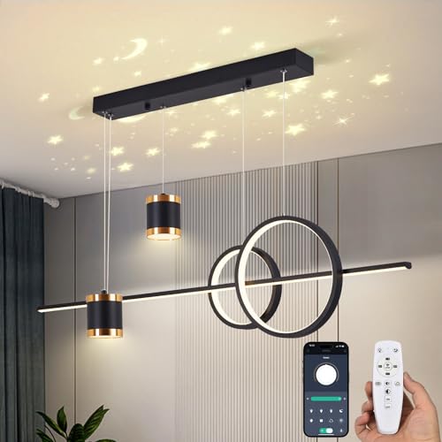 YZBEIMDAI LED Pendelleuchte Esstisch Hängelampe, Dimmbare Hängeleuchte mit Fernbedienung/APP, Sternenhimmel Konvergiert Hängend Esszimmerlampe für Küche Büro(Schwarz, L100cm)