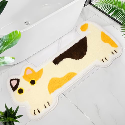 NIGOWAYS Bathroom Rug 47x20,Long Calico Cat Bath Mat,Soft Shaggy Absorbent and Non Slip Bath Rugs for Bathroom, Kitchen, Bedroom,Home Decoration Gifts (Yellow)