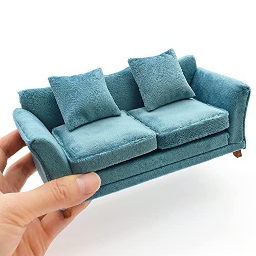 iLAND Modern Dollhouse Furniture on 1/12 Scale of Miniature Sofa for Dollhouse Living Room (Turquoise Blue Velvet)