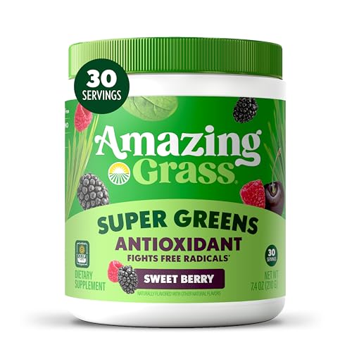 Amazing Grass Greens Blend Antioxidant: Super Greens Powder Smoothie Mix with Organic Spirulina, Beet Root Powder, Elderberry, Bilberry, Prebioitics & Probiotics, Sweet Berry, 30 Servings (Packaging May Vary)