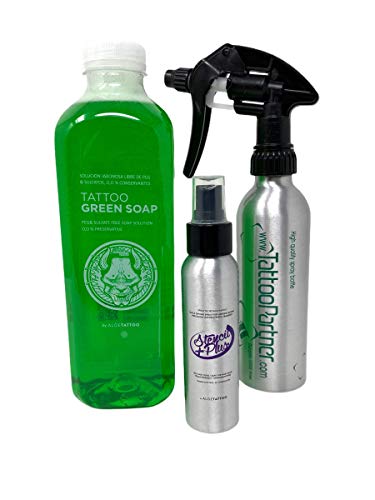 Juego profesional de tatuajes de aloe, líquido extractor, botella de aerosol TP – INKgrafiX® Alemania – Estudio profesional – IG54708 – Juego de aloe Set de jabón líquido vegano