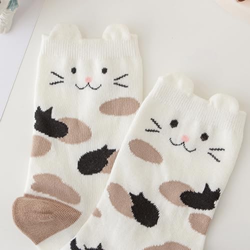 Image of Cat Themed Mid Calf Socks - 5 Pairs Cotton Animal Socks for Women & Girls