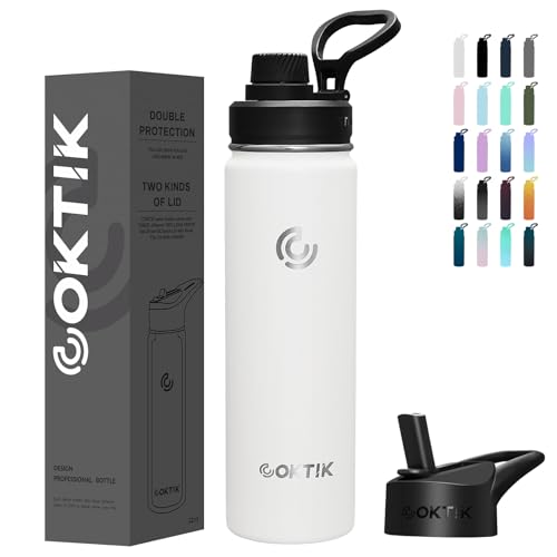 COKTIK Insulated Stainless Steel Water Bottle With Straw Lid, 22 oz Wide Mouth Double Wall Vacuum Insulated Water Bottle Leakproof Lightweight for Hiking, Biking, Running(White)