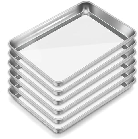 6 Pack Baking Sheet Pan Set Cookie Sheet Small Toaster Oven Pans Stainless Steel Tray Barbecue Grill Pan Rectangle Trays Oven and Dishwasher Safe 8.5 x 6 x 0.8 Inches