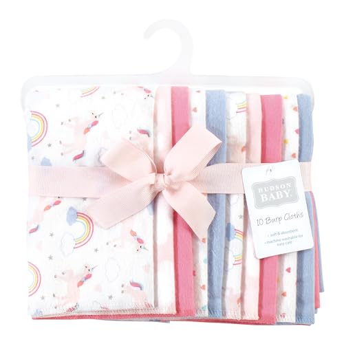 Image of Hudson Baby Unisex Baby Cotton Poly Flannel Burp Cloths, Unicorns Rainbows 10 Pack, One Size