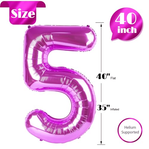 Image of Rosy Purple 5 Balloon, Number Balloons 40 Inch, 5th Birthday Balloon Decorations, Rosy Purple Party Supplies, 5 Number Balloons, Number 5 Balloon