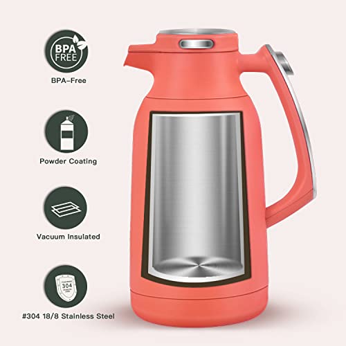 Ideus 68 Oz Stainless Steel Thermal Coffee Carafe, Double Wall Insulated Vacuum Flask, Water Coffee And Beverage Dispenser, 12 Hour Heat 24 Hour Cold Retention, Coral Red #TOP2