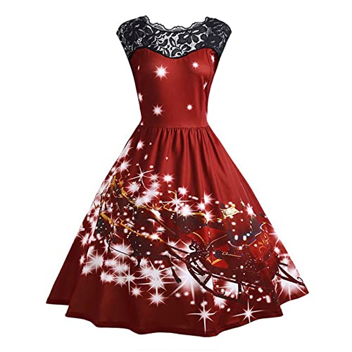 Weihnachtskleid Damen, Damen Ärmellos Elegant Vintage Weihnachtskleid Spitzenkleid Lustig Sexy Rockabilly Party Cocktail 50er Kleid Festlich Karneval...