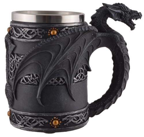 VOGLER Joh. Vogler GmbH Grande chope dragon décorée avec symboles celtiques, avec insert en acier inoxydable d'une capacité de 400 ml, noire, en pierre artificielle, peinte à la main. 766-7870
