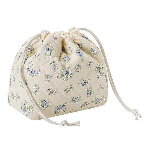 RSRSLEII Small Cotton Quilted Drawstring Makeup Bag, Cute Coquette Drawstring Cosmetic Bag with Canvas Lining, Aesthetic Travel Organized Toiletry Bags for Purse (16Blue Flower)