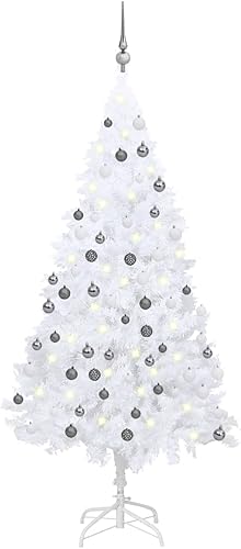 vidaXL Árbol de Navidad artificial de 47.2 pulgadas con luces LED y juego de bolas, material de PVC blanco, cuenta con ramas extragruesas, soporte