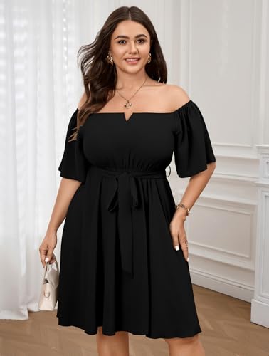 Image of SCOMCHIC Womens Plus Size Cocktail Dress Summer Off Shoulder Short Sleeve Flowy Ruffle A-Line Cute Mini Dress with Belt