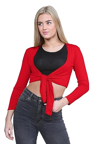 Bolero corto rojo para vestidos de fiesta, cárdigan de manga larga con nudo