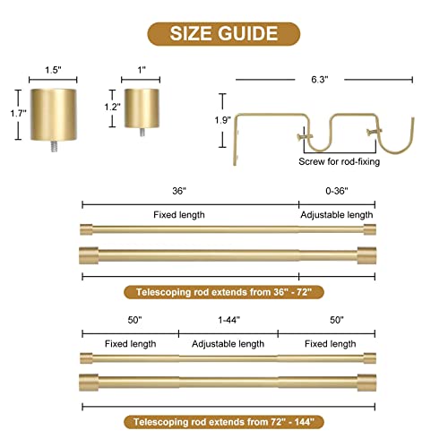 Gold Double Curtain Rods For Windows 36 To 72 Inch(3-6Ft),Adjustable Telescoping Double Curtain Rod With Cylindrical End Cap,1 Inch Diameter Heavy Duty Double Drapery Rod Set 36-72",Gold #TOP7