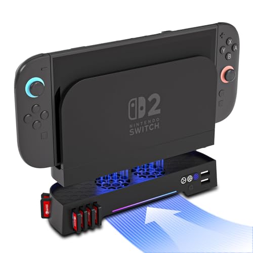 Switch 2 Cooling Fan Dock - Dual Quiet Fans with Adjustable 3-Speed Cooling, RGB Light and USB Hub Compatible with Nintendo Switch 2 Console