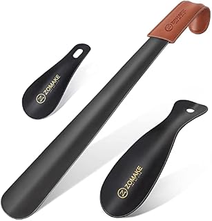 ZOMAKE Metal Shoe Horn 3Pcs,16.5 in Shoehorn Long Handled Lazy Shoe Helper with Leather Handle,Extra Long Shoe Horns for Men Women the Elderly - 7.5&3.94 in Shoehorns with Hook (16.5&7.5&3.94in)