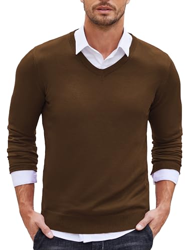 Image of COOFANDY Men's Long Sleeve Knitted Pullover V Neck Soft Jumper Classic Business Sweater Solid Color Sweatshirts Brown M