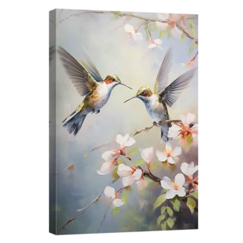 ZQQART Hummingbird Canvas Wall Art Two Hummingbird with Flower Tree Picture Wall Decor Birds Birds Painting Prints Living Room Decor Framed(Grey,16.00" x 24.00")