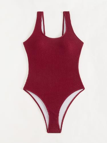 Image of Limeeke Women One Piece Swimsuit Solid Ribbed Monokini Swimwear Scoop Neck Low Back Bathing Suit