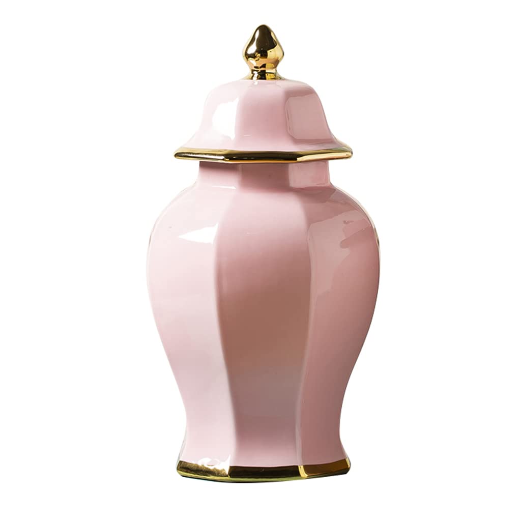 asdchZen Ginger Jar Vase With Lid Porcelain Ginger Jar With Gold Trim Ceramic Decorative Jars For Home Office Table Living Room Bookshelf Mantle Fireplace Centerpieces Green-L,Pink-Large