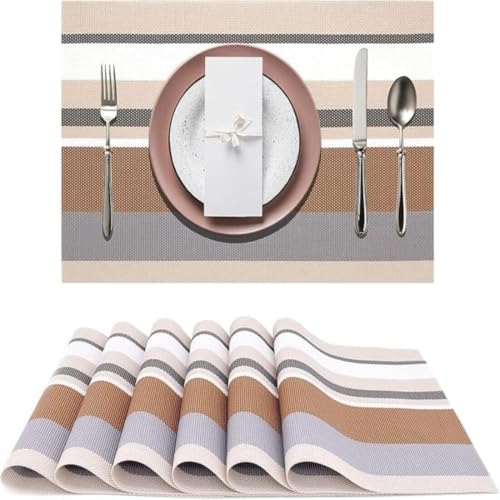 Image of Potency Table Mats Set of 6, Woven Placemats for Dining Table, Heat-Resistant, Anti-Skid, Washable PVC Table Mats, Vinyl Placemats for Dining, Kitchen & Restaurant Table (I Multistripe Cream)