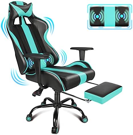 Miami Blue Gaming Chair with Therapeutic massage Racing Fashion Video Recreation Chair PC Laptop Gaming Chair Adjustable Peak with Retractable Footrest, Headrest and Lumbar Assist Breathable PU Leather-based E Sport Chair