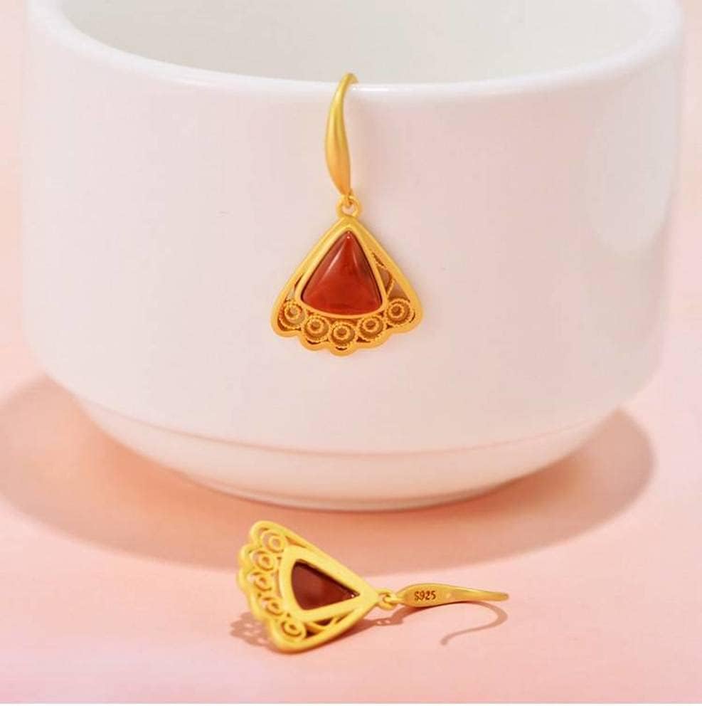 Ears925 Sterling Silver Gilt Craft Red Agate Fan-Shaped Hollow Pattern Female Earrings Elegant Simple Fashion Earrings/Scalloped Ladies Ears