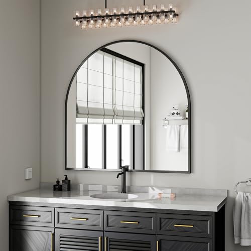Image of VooBang Wide Arched Wall Mirror, 38 x 40 inch Arch Bathroom Mirror, Wall Mounted Vanity Mirror with Arch Metal Frame, Modern Bathroom Vanity Mirror for Bedroom, Living Room, Hanging or Leaning, Black