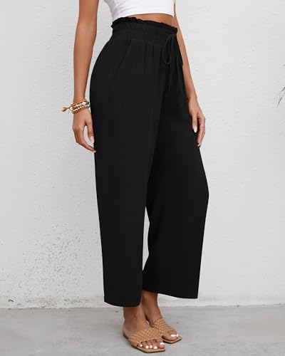 Riyiper 2 Pcs Women's Wide Leg Pants, Casual Linen High Waisted Cropped Trousers with Pockets Drawstring Loose Palazzo Pants (Black, Khaki, XX-Large)3