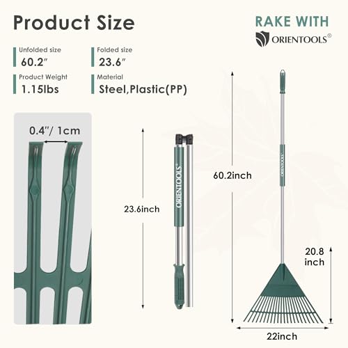 Râteau à feuilles de 55,9 cm pliable avec manche léger pour herbes et débris végétaux - 3