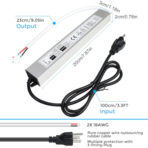 Image of LightingWill LED Driver 40 Watts Waterproof IP67 Power Supply Transformer, 90-265V AC to 12V DC Low Voltage Output, Adapter with 3-Prong Plug 3.3 Feet Cable for Outdoor Use, Computer Project