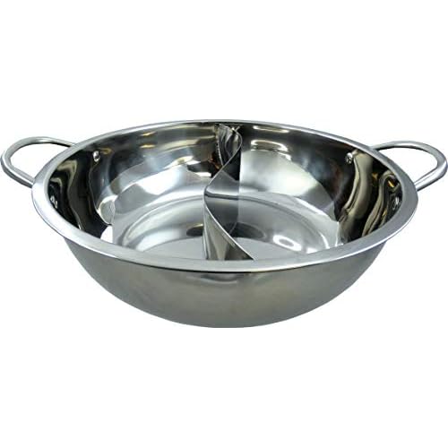JADE TEMPLE Hot Pot Wok en acier inoxydable, avec paroi de séparation pratique et diamètre intérieur de 32 cm, double poignée, 1 pièce